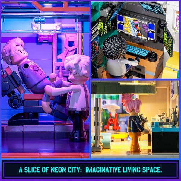 FUNWHOLE Cyberpunk Mansion Lighting Building-Bricks Set - 2524 Pcs Future City Modular Buildings Set Display Idea for Adults and Sci-fi Lovers