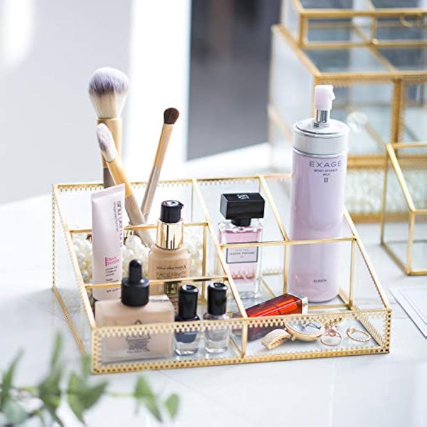 Makeup Organizer Antique Countertop Cosmetic Storage Box Glass Beauty Display, Gold Spin Large Capacity Holder for Brushes Lipsticks Skincare Toner