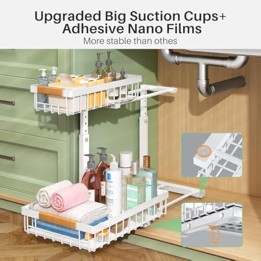 Kitstorack 2 Pack Under Sink Storage, 2 Tier Metal Pull Out Kitchen Under Sink Organiser, Under Cupboard Storage for Kitchen Bathroom Cabinet Organization Rack,White