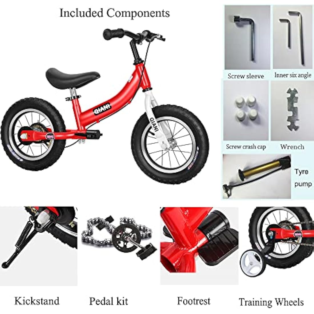 Qiani Balance Bike 2 in 1 for Toddlers,Kids 2 3 4 5 6 7 Years Old,Balance to Pedals Bike,12 14 16 inch Kids Bike,with Pedal kit,Stabilisers,Brakes