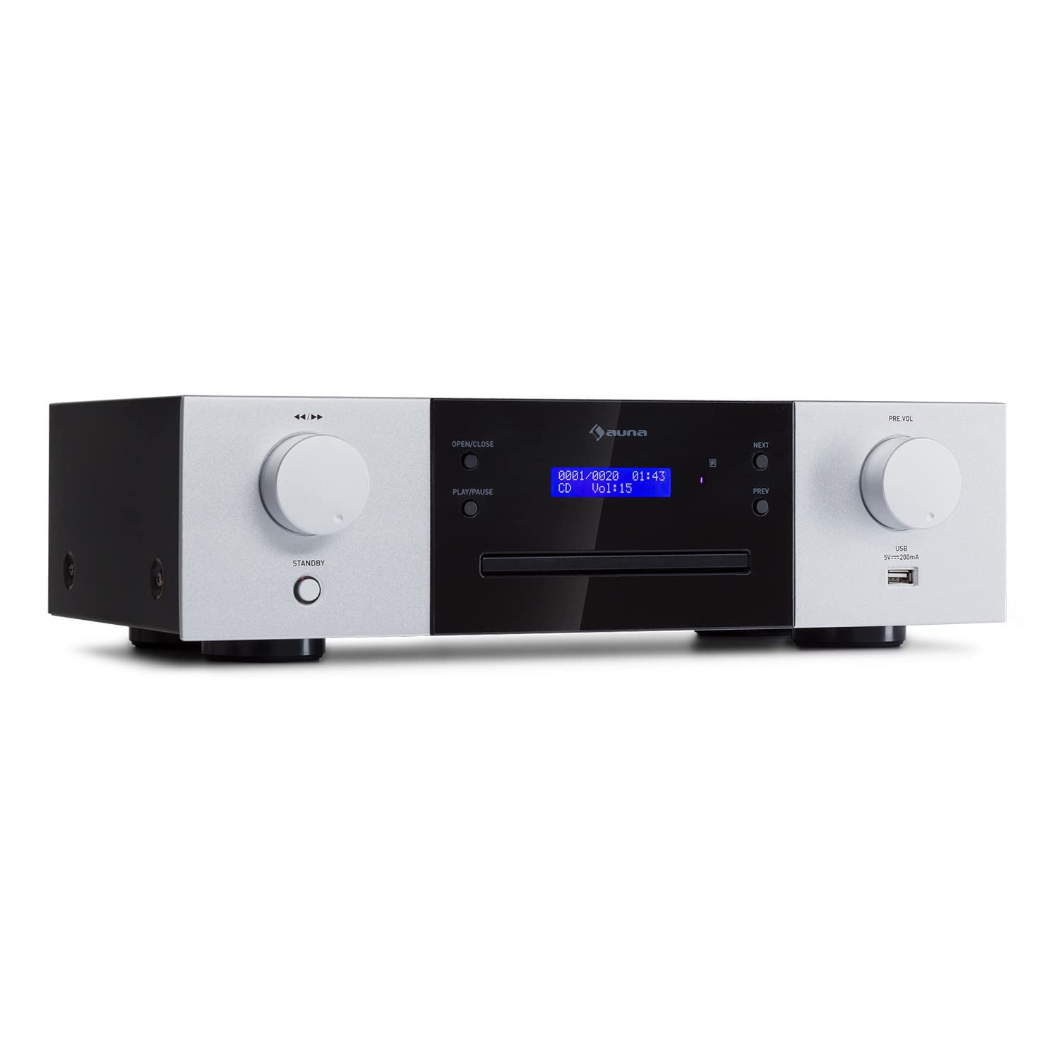 AUNA CD-1000 DG, CD Player HiFi, USB, MP3, Remote Control, CD Player with LED Display, CD Receiver Aluminium, black
