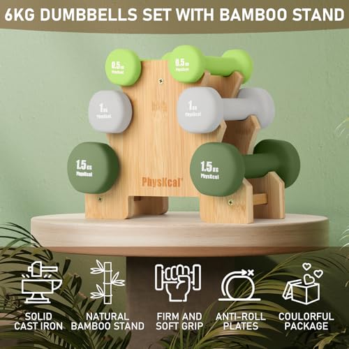 PhysKcal Hex Dumbbells Set of 6 with Stand- 2 x 0.5 kg, 2 x 1 kg, 2 x 1.5 kg, Hand Weights Set for Ladies, Kids, Beginners, Light Small Dumbbells Set