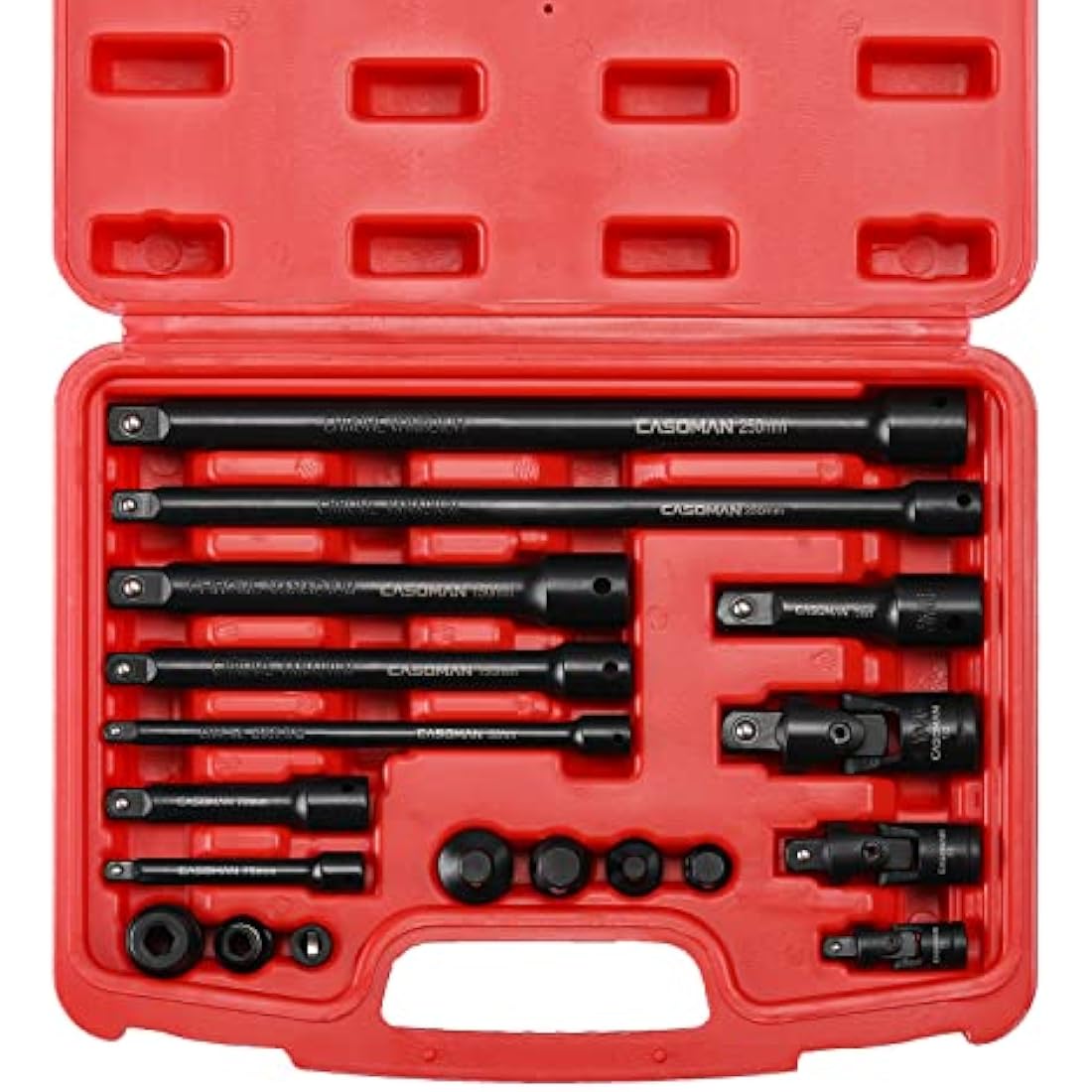 CASOMAN 18 Pieces Drive Tool Accessory Set, Socket Extension Tool, Includes Adapters, Extensions and Universal Joints and Impact Coupler, Professional Socket Accessories
