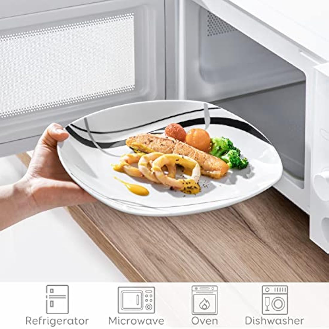 VEWEET 'Fiona' 9.75" 6-Piece Dinner Plate Porcelain Dinner Set Ivory White Black Decals Round Plates Dinning Set Kitchen Service China Dinner Plate (24.7 * 24.7 * 2.2 cm)