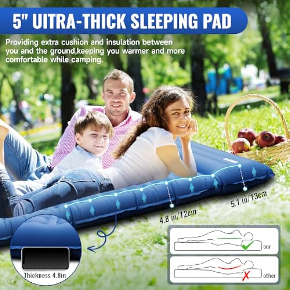 KASIMO Sleeping Mat - Ultralight & Thick Inflatable Camping Sleeping Pad Air Mattress Self-inflating Bed with Built-in Pump & Pillow Compact for Camping Backpacking Hiking Traveling