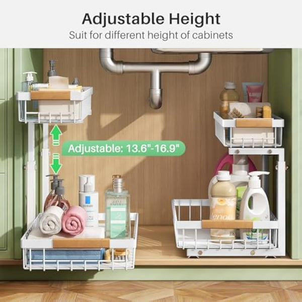 Kitstorack 2 Pack Under Sink Storage, 2 Tier Metal Pull Out Kitchen Under Sink Organiser, Under Cupboard Storage for Kitchen Bathroom Cabinet Organization Rack,White