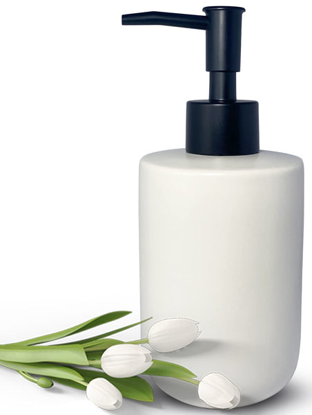 White Soap Dispenser with Matte Black Pump for Bathroom,Minimalist Modern Design Cylindrical Lotion Dispenser,12oz Ceramic Hand Dish Soap