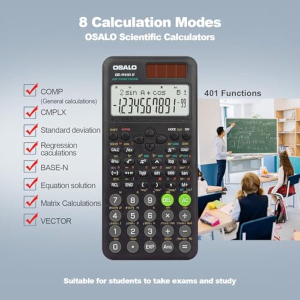 OSALO Scientific Calculator 401 Function 2-line Display 10+2 Digits Solar and Battery Calculator with Slide-on Cover for Secondary School Black (OS 991MS 2nd Edition)