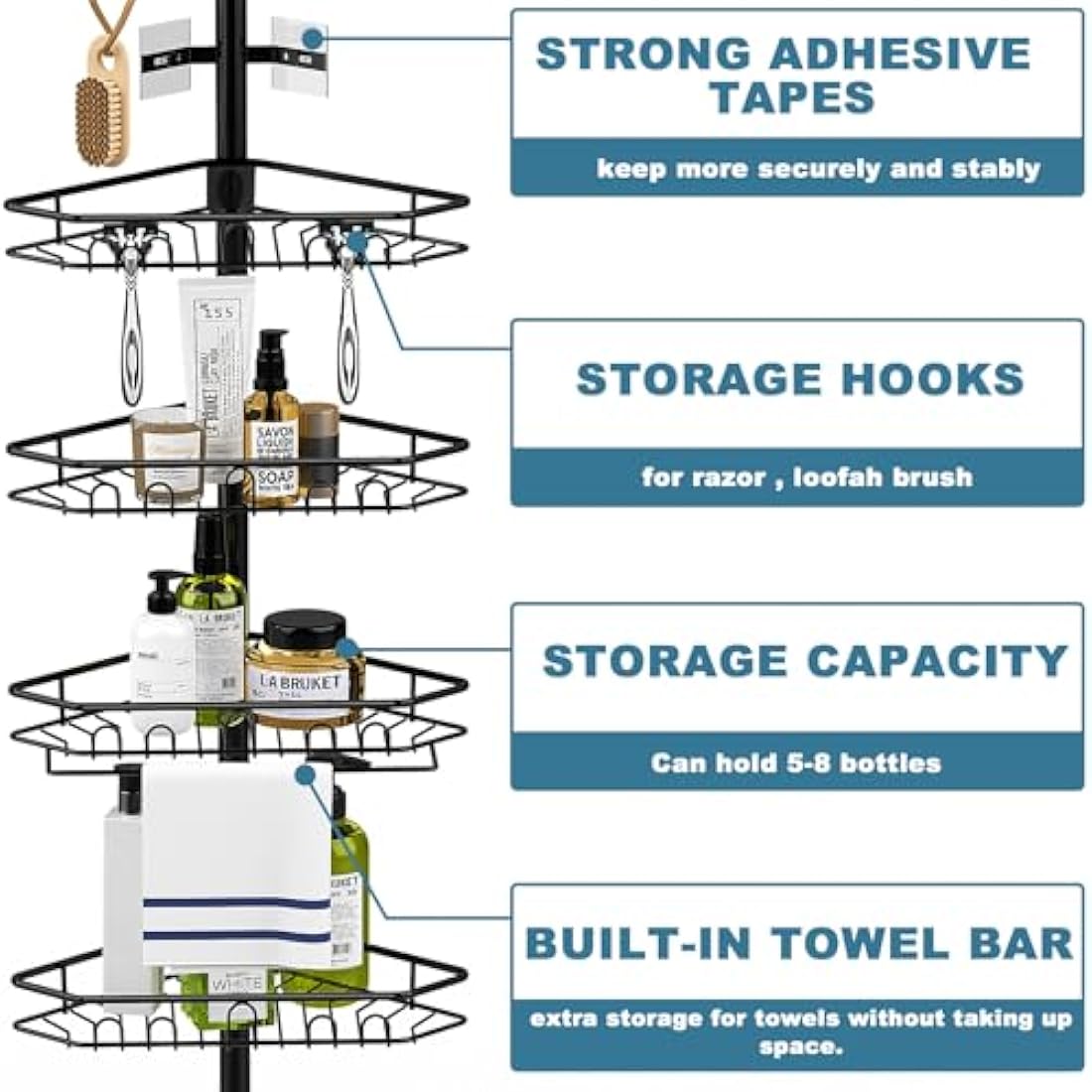 Mutool 7 Tier Adjustable Corner Shower Shelf, Telescopic Shower Caddy with Soap and Towel rack, No Drilling Bathroom Storage Organizer for Shampoo Accessories (Black)