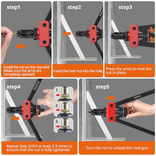 Proster Rivet Nut Tool 14" - Rivet Nut Gun with 150Pcs M3 M4 M5 M6 M8 M10 Rivet Nuts 6Pcs Metric Mandrels Heavy Duty Hand RIV Nut Gun Thread Setter Kit Red