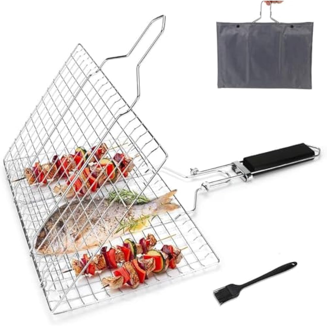 Pecco BBQ Grilling Basket, Foldable Stainless Steel Barbecue Grill Basket for Fish Vegetables Shrimp with Removable Handle, Basting Brush and Storage Bag 32x22cm