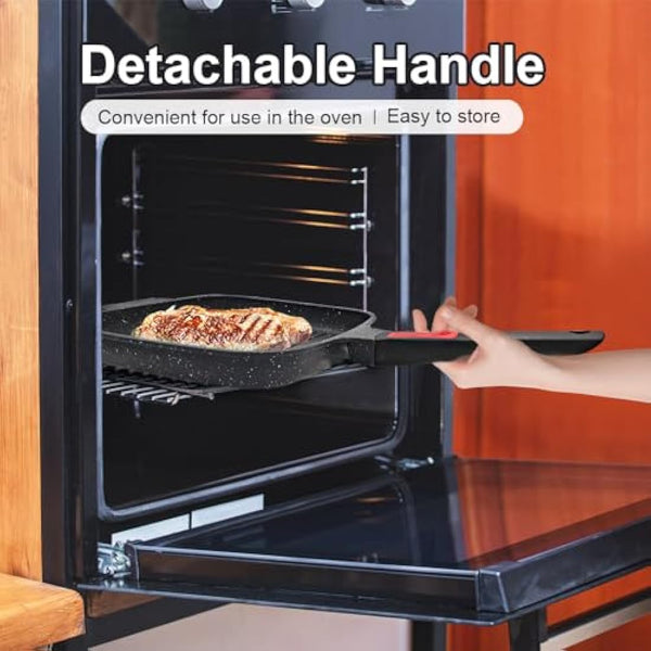 RANX INGST Griddle Pan with Lid, 26 x 24 cm Cast Aluminium Non Stick Steak Pan with Detachable Handle for Induction Hob, Black