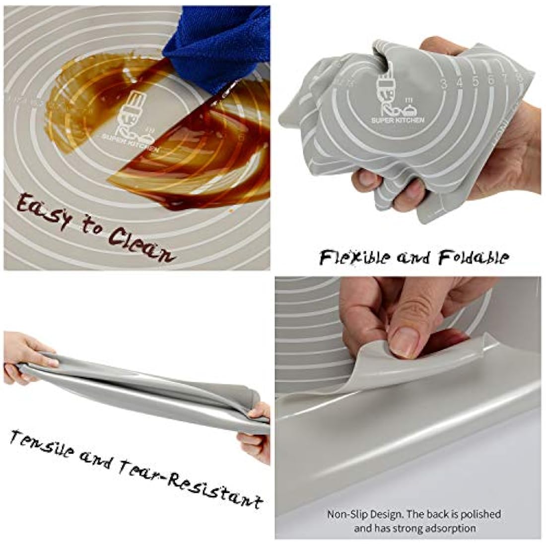 Super Kitchen Nonstick Silicone Baking Pastry Mat with Dough Scraper, Nonslip Kneading Board Mat Fondant Rolling Sheet, Baking Equipment Accessory, Art Craft Mat, Table Placemat (80 x 60 cm, Grey)