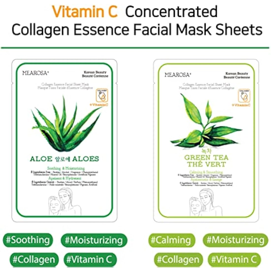 MEAROSA Vitamin C Collagen Firming Facial Sheet Mask Korean Skin Care Hydrating & Nourishing Premium Quality Natural ingredients Essence Sensitive skin(8 Variety pack 25ml)