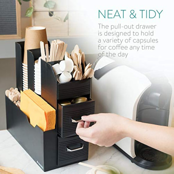Navaris Coffee Condiment and Accessory Caddy - Coffee and Tea Organiser Station Cup Storage Holder Box Stand with Compartments and 2 Drawers - Black