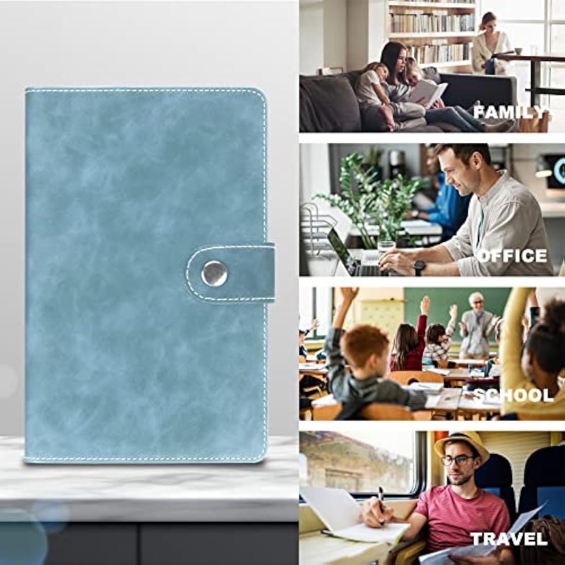 FYY Leather A6 Ring Binder Notebook, 6 Ring Binder with A6 Refill Papers, Binder Pockets and Subject Dividers Paper Sheet, Travel Binder Journal Personal Planner with Ring Binder Cyan