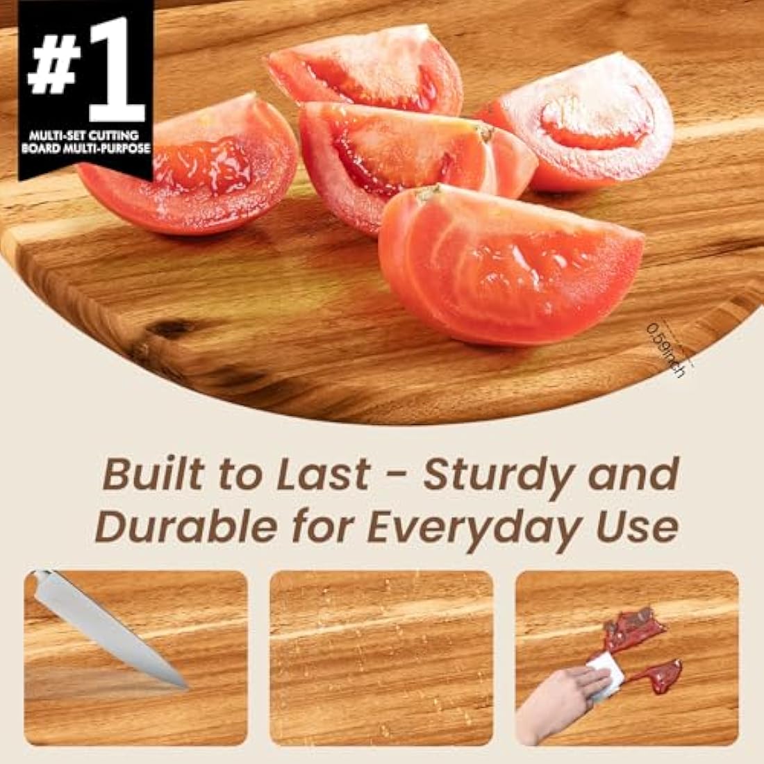 Acacia Round Cheese Board Set 3 Pack with Handles, Wooden Serving Board for Kitchen - Round, Rectangular, and Small Paddle Serving Trays for Cheese, Meat, Pizza, Bread, and Fruits