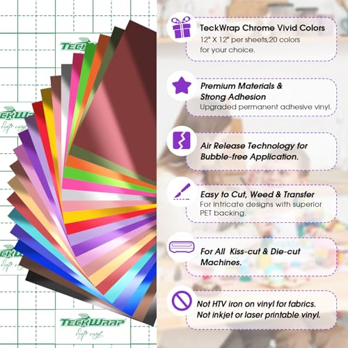 TECKWRAP Holographic Chrome Adhesive Craft Vinyl Sheets Metallic Adhesive Vinyl with Air Channels Precut Sheets 12" x 12" 20 Sheets/Pack for Craft Cutters,Sign Plotters