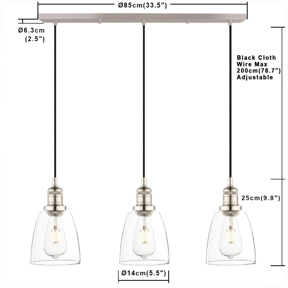 3 Head Chandelier Pendant Light Glass Shade Adjustable Cord Brushed Phansthy