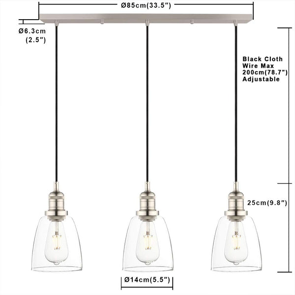 3 Head Chandelier Pendant Light Glass Shade Adjustable Cord Brushed Phansthy