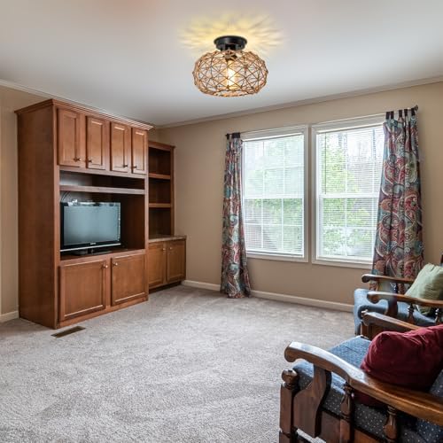 LynPon Boho Ceiling Light Woven Hemp Rope Rattan Cage Wicker Retro Rustic Coastal Semi Flush Mount Light Fixture for Bedroom Hallway Entryway Kitchen