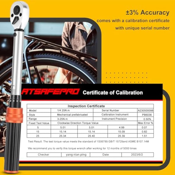 ATsafepro Bicycle Torque Wrench Set 5-25 Nm, 1/4 Inch Drive Click Torque Wrench Set with Dual Direction Adjustable 72 Tooth for Bike and Motorcycle Maintenance