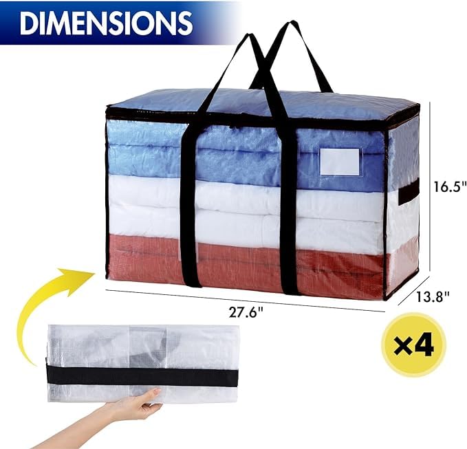 TAILI Extra Large Moving Bags,4 Pack Clear Heavy Duty Totes For Storage,Wrap Around Handles,Storage Bags for Clothes,Bedding,Space
