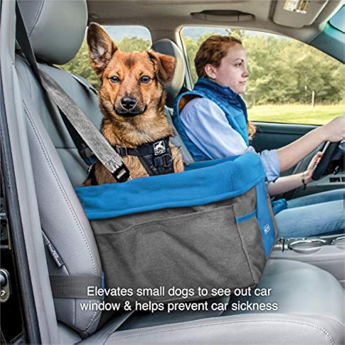 Kurgo Heather Car Booster Seat for Dogs, Quick & Secure Installation, Includes Seat Belt Tether, Fleece Lining, Grey/Blue (ZTV30-17114)