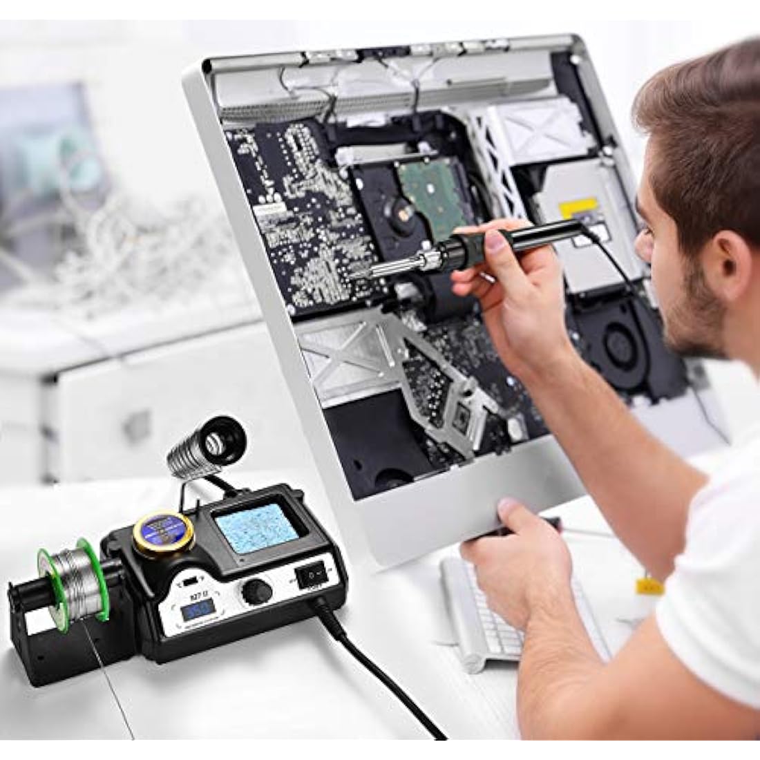 Preciva 60W Professional Digital Solder Workstation, LCD Display, 90-480℃ Adjustable Temperature, 5 Tips, Solder Wire, Frame, Sponge, Suction Device