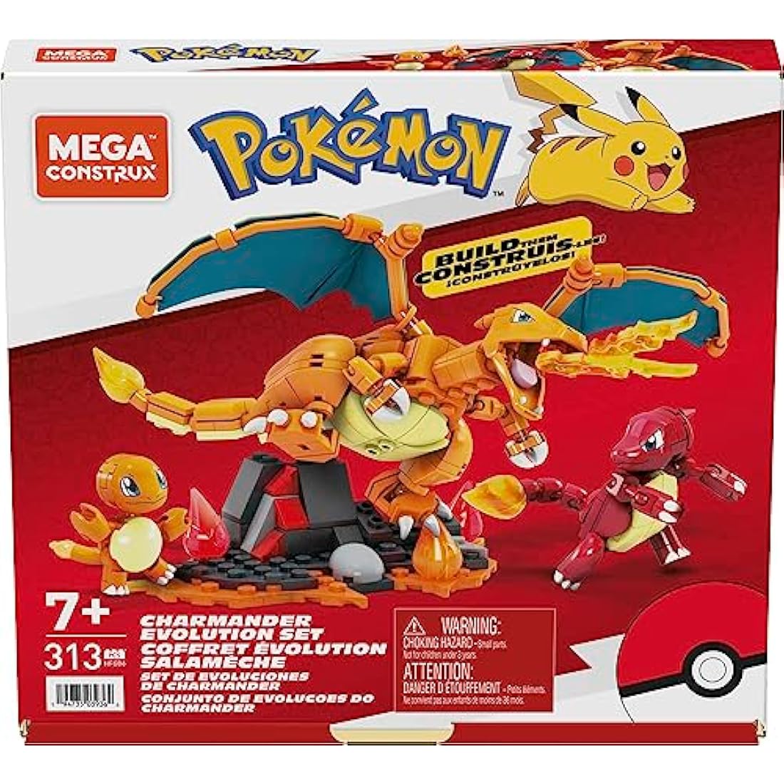 MEGA Pokémon Action Figure Building Toys for Kids, Charmander Evolution Set with 300 Pieces, 3 Poseable Characters, Charmeleon and Charizard, HFG06
