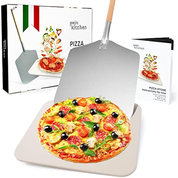 Joeji's Kitchen Pizza Stone & Peel Shovel Set - 30 x 38cm Rectangular Cordierite Stone for Oven BBQ - Aluminium Peel with Removable Wooden Handle