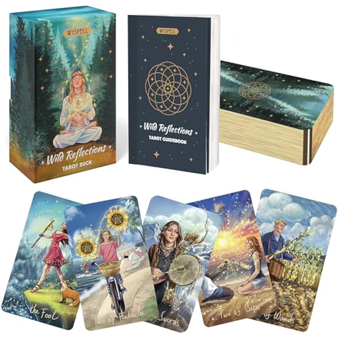Wyspell Wild Reflections Tarot Deck with 200-Page Guidebook, Gold Edges, and Gift Packaging