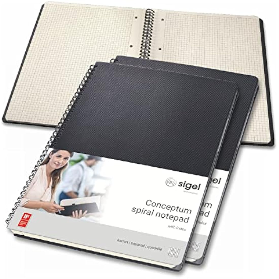 SIGEL CO840 Spiral Notepad, with Index, approx. A4, squaRed, hardcover, Black, 3 Pieces - Conceptum