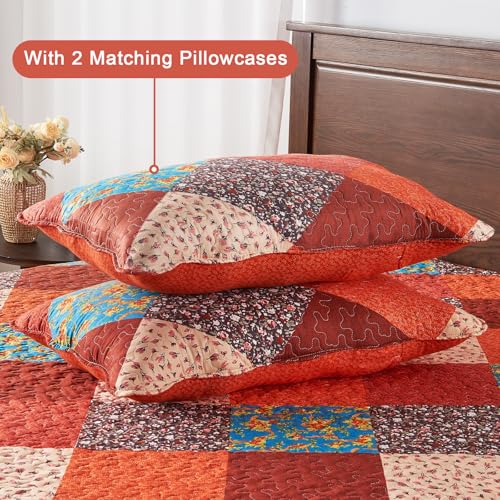 Qucover Quilted Bedspread Super King, Multicolour Print Red Orange Blue Patchwork Quilt with 2 Pillow Shams, All Seasons Lightweight Soft Microfiber