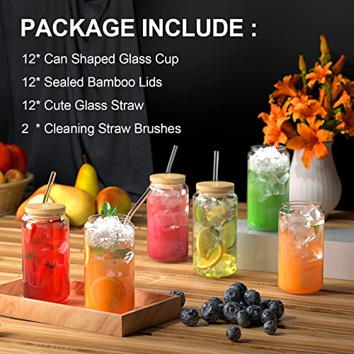 Finew [12 Packs] Drinking Glasses with Bamboo Lids and Glass Straws, 16oz Iced Coffee Cup, Can Shaped Glass Cups, Smoothie Cup, Glasses Tumbler for