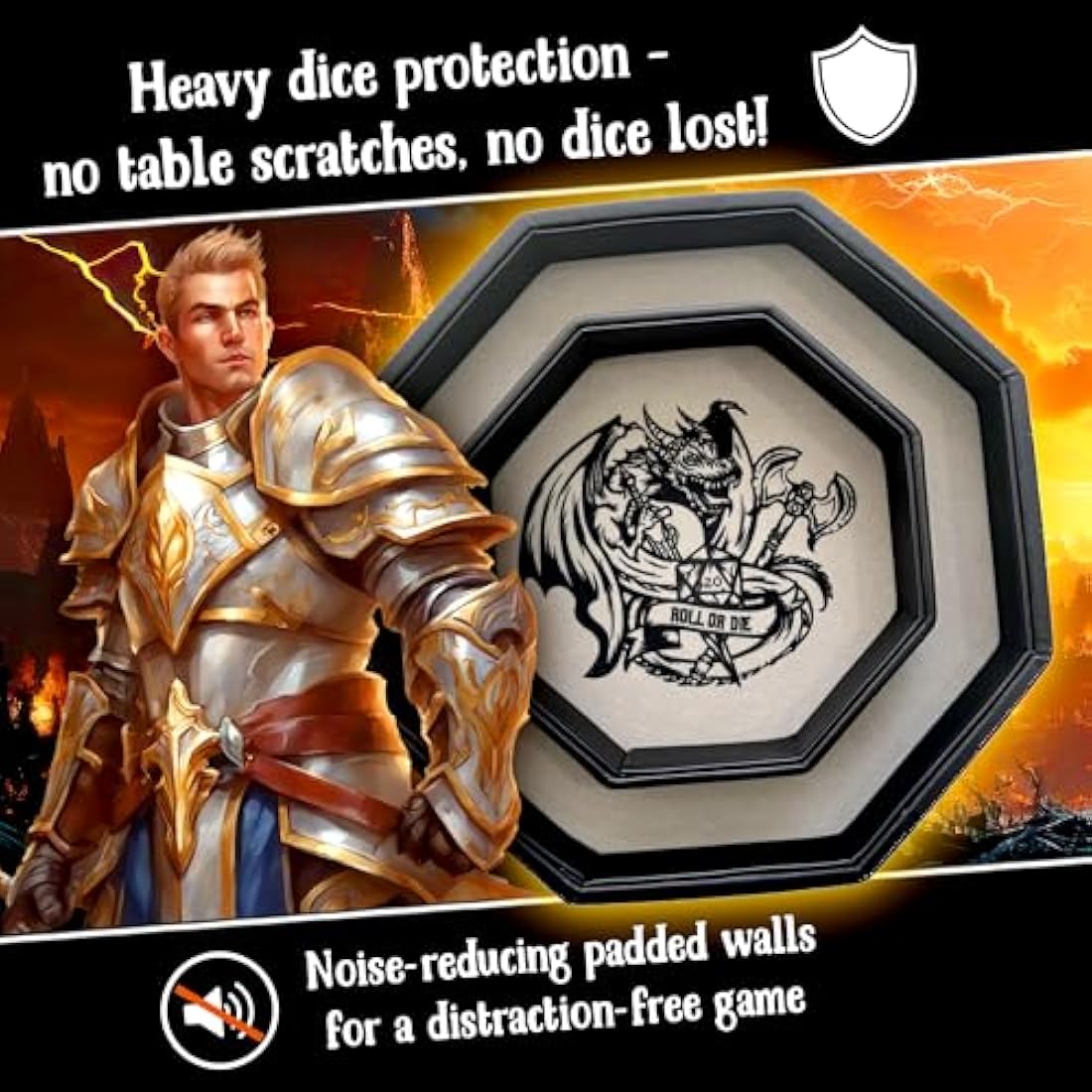 Fantasydice- Fire Dragon - Dice Tray - 20CM Octagon with Lid and Dice Staging Area- Holds 5 Sets of Dice(7 / Standard) For All Tabletop RPGs Like D&D, Call of Cthulhu, Shadowrun. (Chromatic)