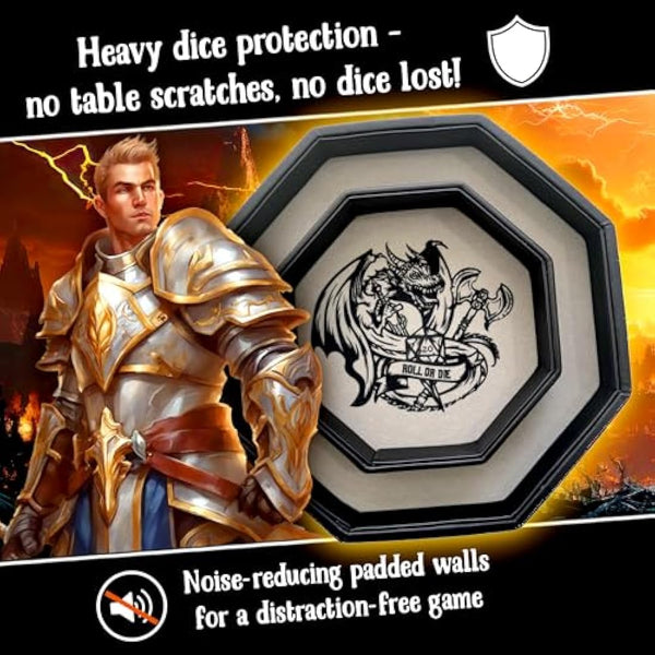 Fantasydice- Fire Dragon - Dice Tray - 20CM Octagon with Lid and Dice Staging Area- Holds 5 Sets of Dice(7 / Standard) For All Tabletop RPGs Like D&D, Call of Cthulhu, Shadowrun. (Chromatic)