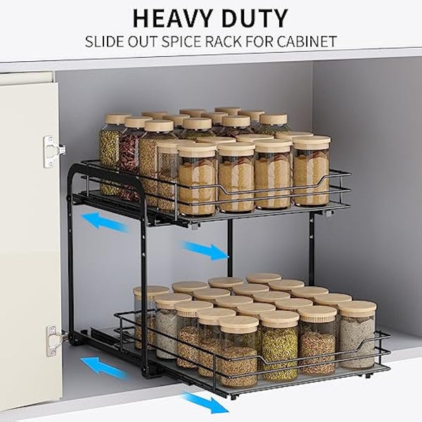 AIRUJIA Pull Out Cabinet Organizer - Height Adjustable 2-Tier Spice Rack, Heavy Duty Metal, Kitchen Storage Shelf - L10.4*W9*H9inch