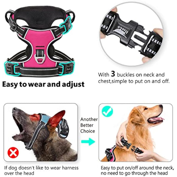HEELE No Pull Dog Harness, Release on Neck, Reflective Adjustable Dog Harness with Front Back 2 Leash Attachments and Soft Padded Control Handle for Small Medium Large Dogs, Fuchsia, S