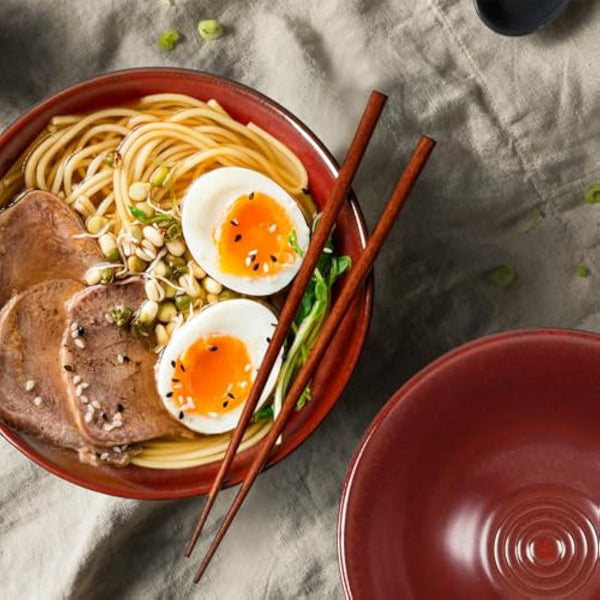 NUTRIUPS 1200ml Ceramic Ramen Bowl Set of 2 Noodle Bowls with Chopsticks and Spoons (Agate Red)
