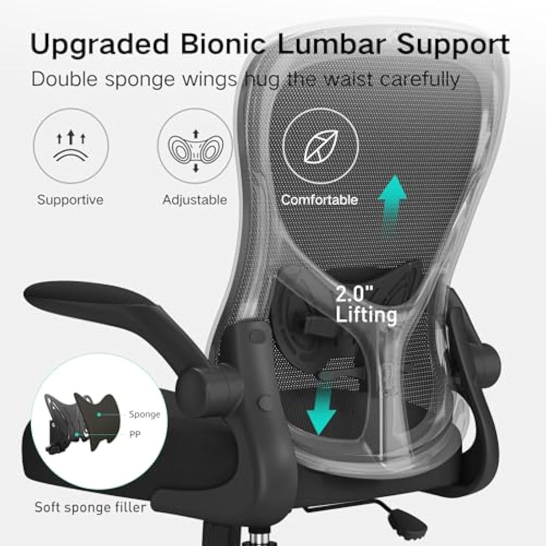 Hbada Office Chair Ergonomic Desk Chair, Office Desk Chairs with PU Silent Wheels, Breathable Mesh Computer Chair with Adjustable Lumbar Support, Flip-up Armrests, Tilt Function, Black