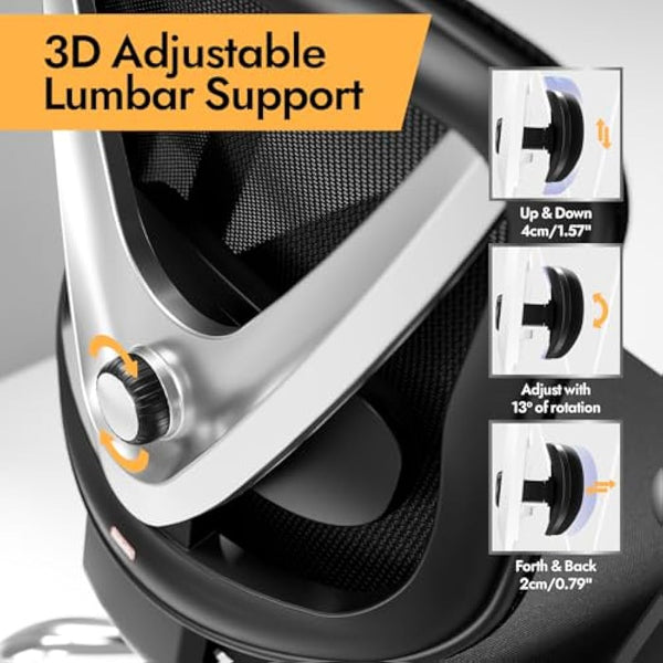 HOLLUDLE Ergonomic Office Chair with 3D Lumbar Support & 3D Adjustable Armrests – V-Back Design, Comfortable Desk Chair for Office & Home, Black