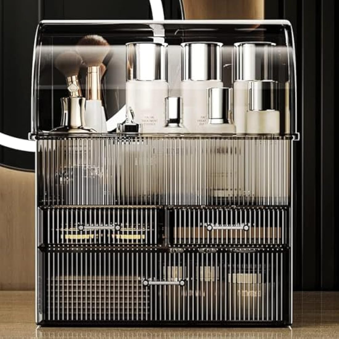 SIOOUI Acrylic Cosmetic Storage Organizer, High Capacity Cosmetics Storage Display Case with Drawers, Perfume Makeup Organizer Box with Water Proof Cover for Bedroom Vanity Desk, Bathroom(Black-XL)