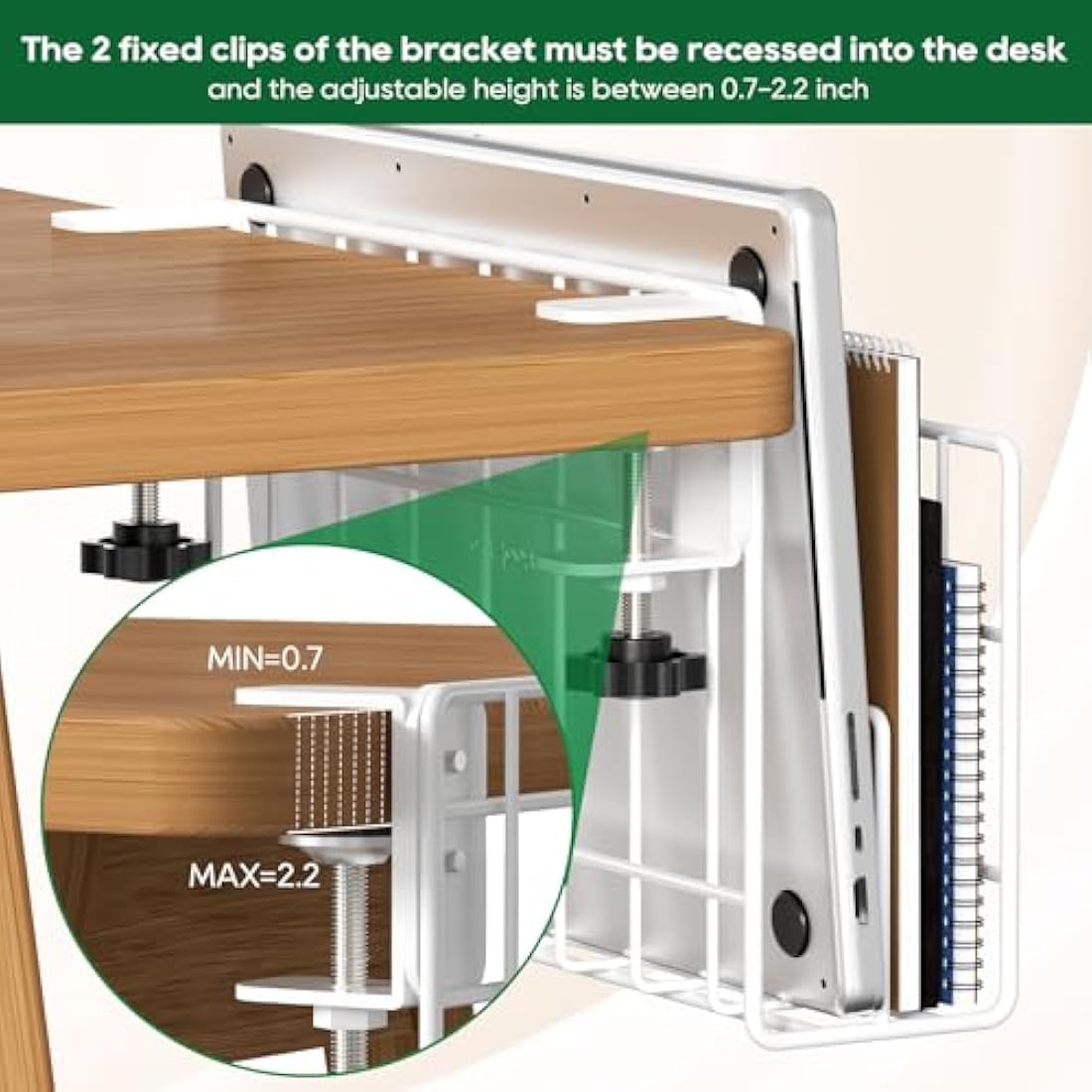 THYGIFTREE Desk Side Storage, Vertical Laptop Stand, Laptop Holder Desk with Pen Holder, Clamp on Shelf (WHITE)