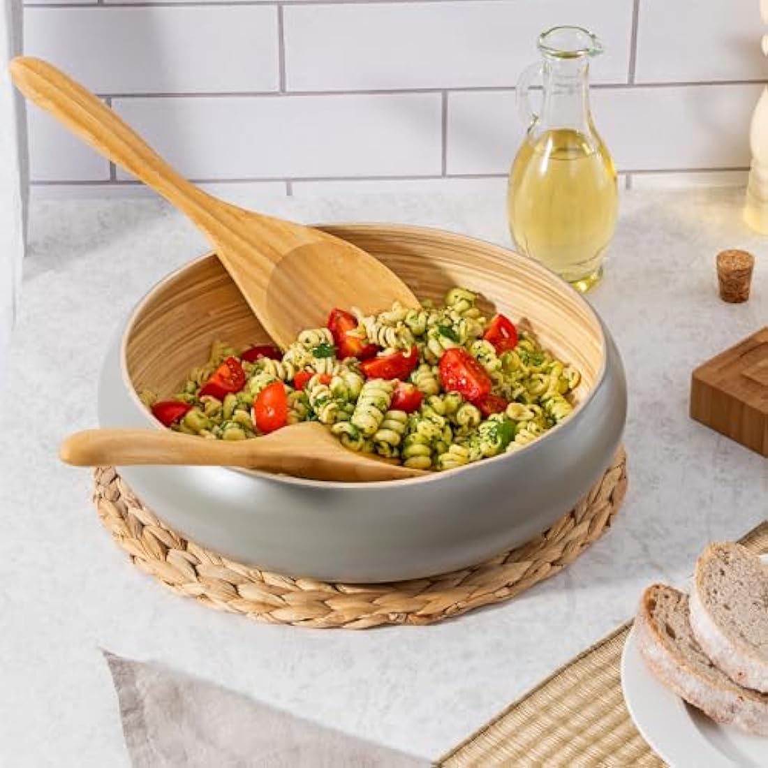 Dehaus® Large Stylish Bamboo Fruit Bowl - 30cm, Grey - Wooden Salad Serving Bowl - Fruit Basket for Kitchen or Bread Basket - Table Centrepiece Decoration - Home & Kitchen Tableware Accessories