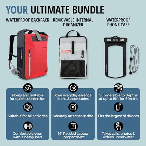 Overboard Explorer Waterproof Backpack Bundle | Roll Top Floating Dry Bag for Kayaking, Beach, Boating, Hiking, Rafting | Includes Waterproof Phone Case and Backpack Organiser