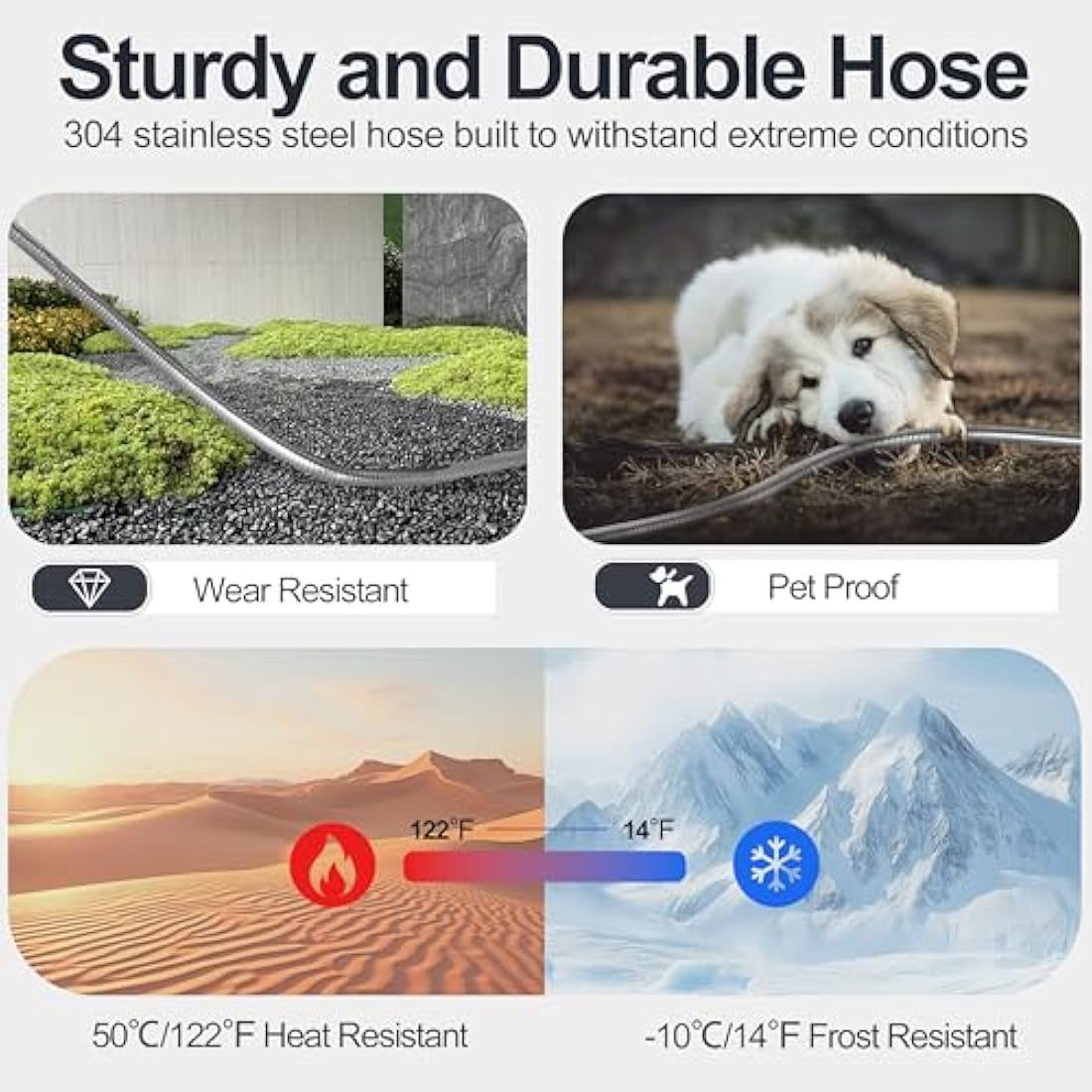 SPECILITE 100ft 304 Stainless Steel Garden Hose, Heavy Duty Flexible Metal Water Pipe with 2 Nozzles for Yard, Outdoor,No Kink and Tangle,Puncture Resistant