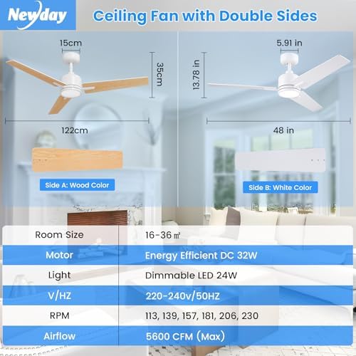 Newday 48 inch White Ceiling Fan with Lights and Remote Control, Quiet Ceiling Fan with Stepless Dimmable LED, Reversible DC Motor, 6 Speeds, 3 Timer, Memory Function for Bedroom Living Room Terrace