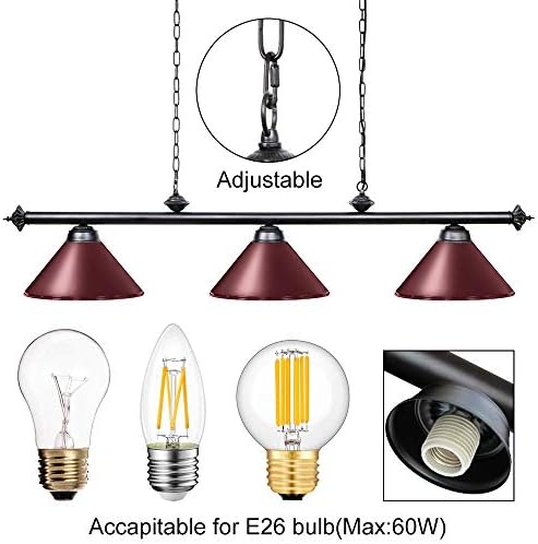 Wellmet 59-inch Hanging Pool Table Light, 3 Light Ceiling Pendant Lighting Fixture with Red/White Matte Lamp Shade, Ideal for 7Ft-9Ft Pool Tables, Game Room