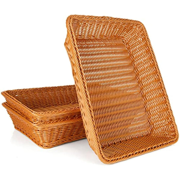 GOYADA 3PCS Rectangular Dark Brown Polypropylene Woven Baskets, 40x30x8cm Handmade Wicker Storage Baskets for Kitchen, Dining Room, Decoration